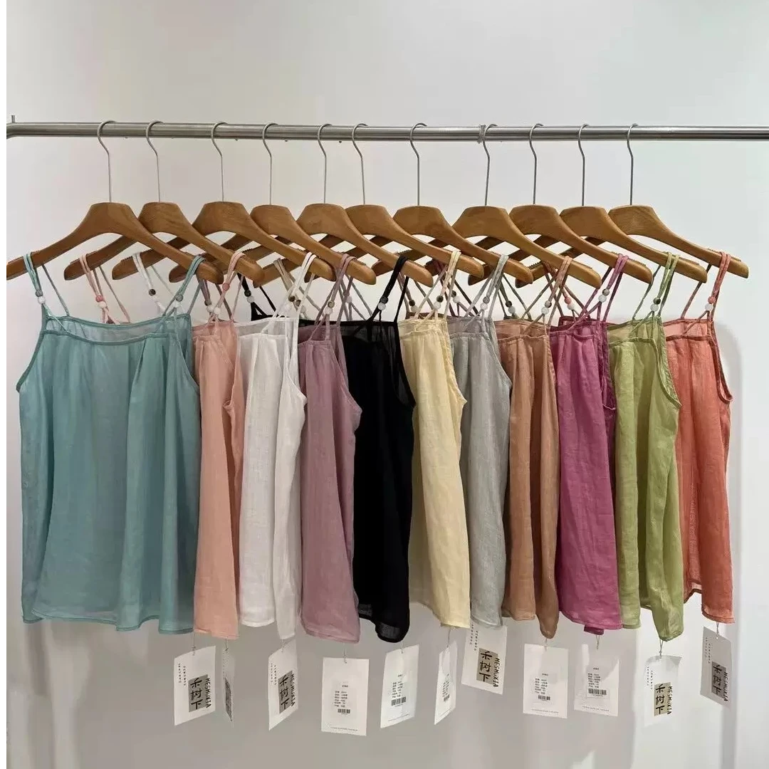 【苏里】夏季新款100支纯苎麻纯色吊带可调节背心无袖上衣