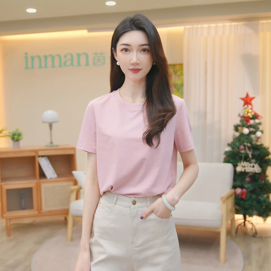 【欧若智性风】茵曼夏季新款T恤短袖休闲圆领潮流时尚纯色百搭上衣
