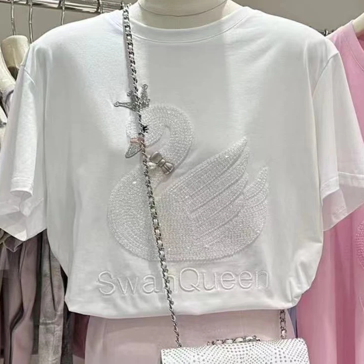 《101-200按编号拍》夏季短袖新款烫钻刺绣T恤简约时尚潮流韩版宽松