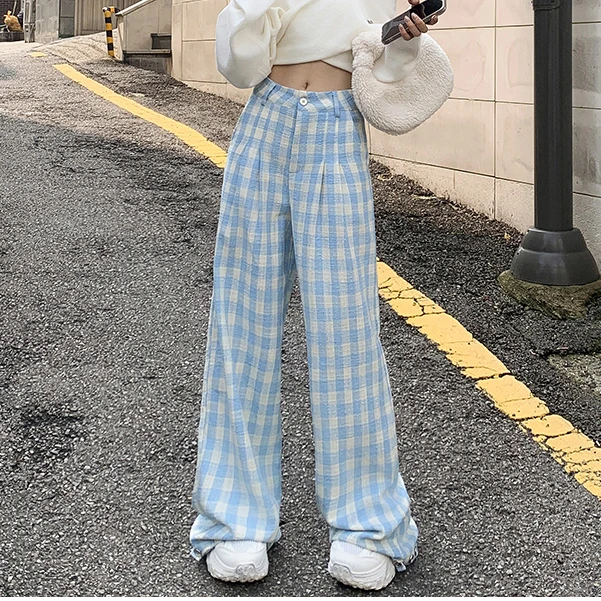 天空蓝宽松格子休闲裤女2025春季新款高腰显瘦直筒垂感拖地裤子