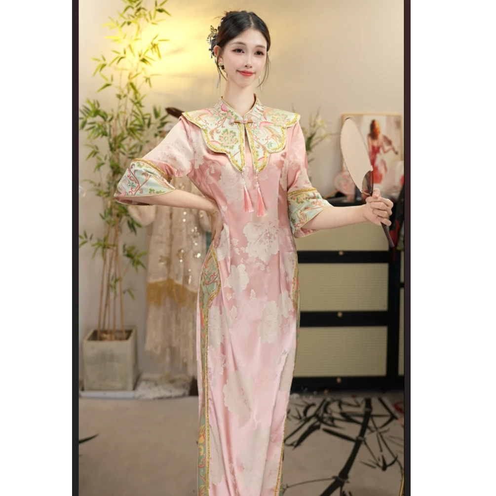 花想容2025夏季新款中国风复古粉色修身日常刺绣旗袍WW（1635）