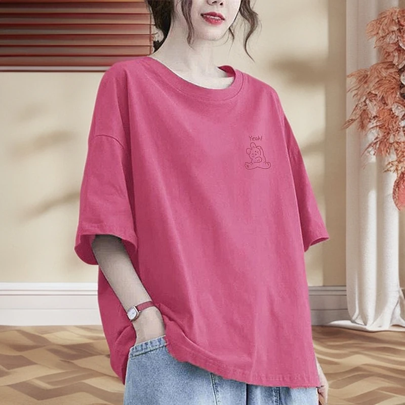 夏季休闲宽松纯棉短袖T恤女韩版遮肚显瘦简约印花圆领减龄上衣女