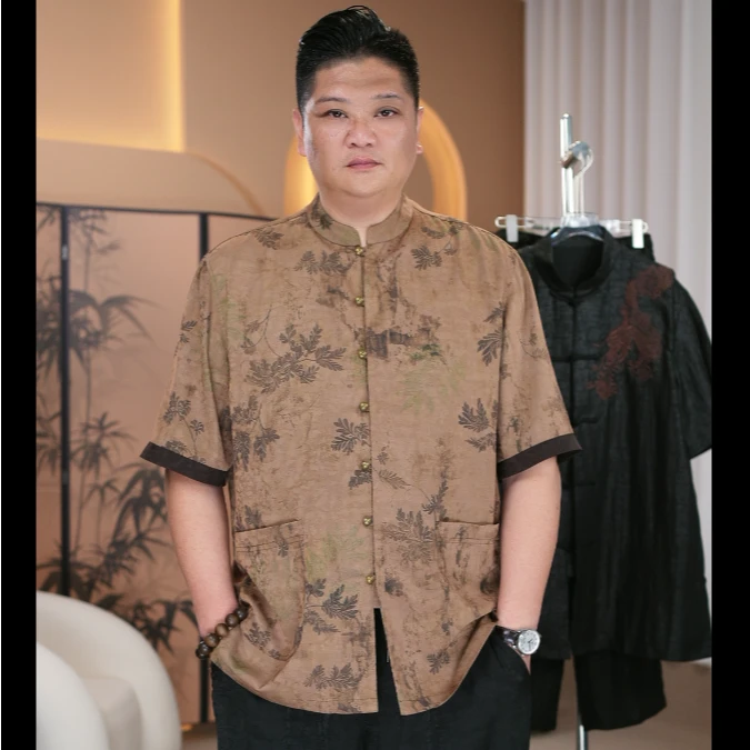 大码男士夏季新款香云纱短袖中式高品质印花时尚大气衬衫上衣唐装