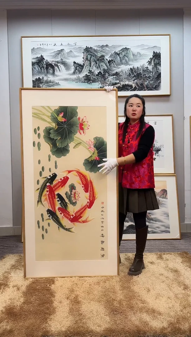 国画手绘九鱼162*82尺寸