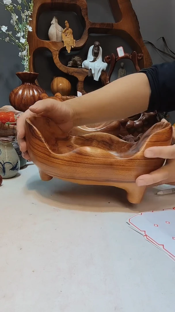 香樟木A38三足元宝果盆/尺寸28*18*14