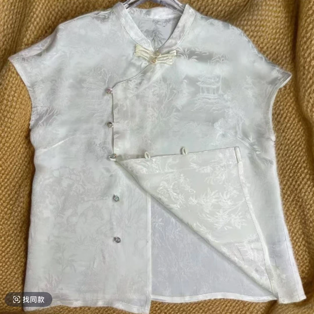 【清雅】新中式女装立领斜开襟时尚纯色夏季透气百搭款短袖上衣0520