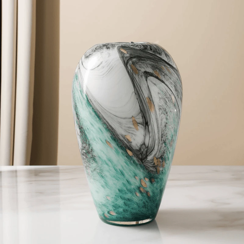 创意流沙水墨石绿纹玻璃花瓶摆件设计师样板房客厅插花瓶中