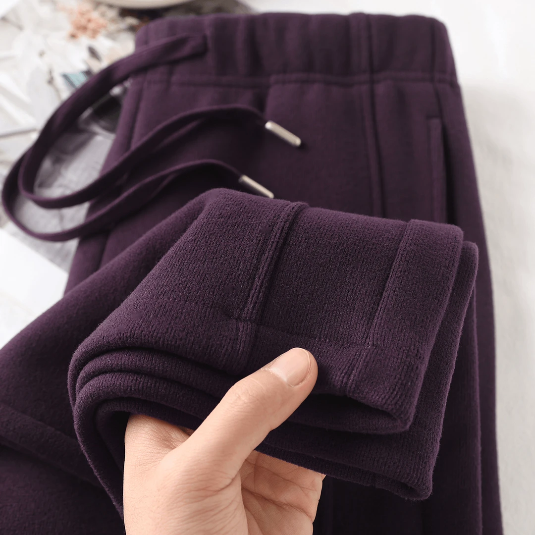浪漫酱紫！葡萄紫桑蚕丝羊绒裤女加绒加厚直筒垂感休闲显瘦阔腿裤