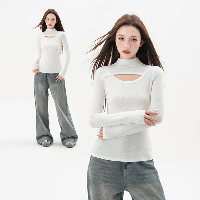 白色螺纹半高领长袖t恤女2025秋冬新款拼接镂空纯欲百搭长袖上衣
