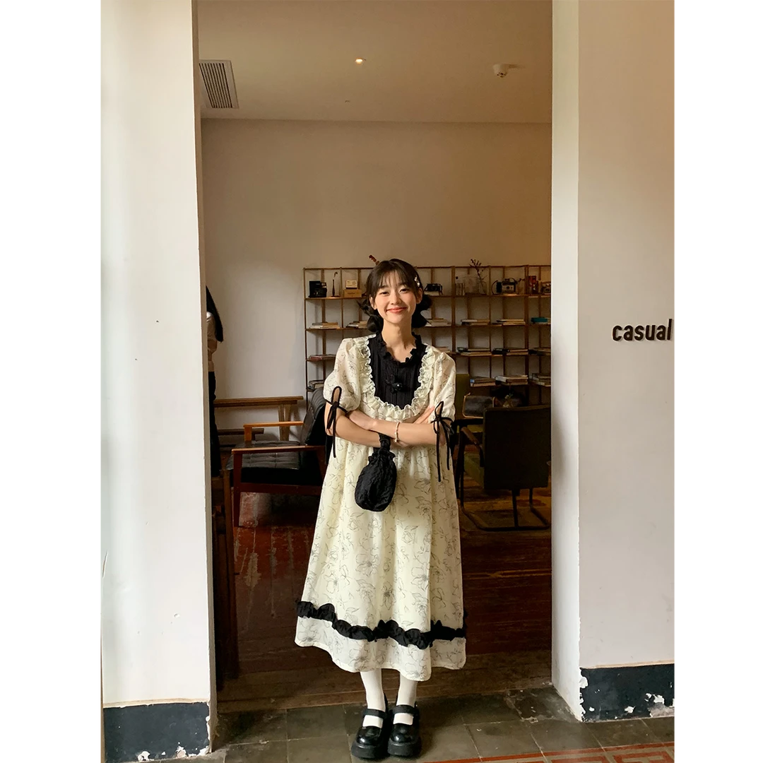 Jiang jam/姜姜姜酱宽松木耳边撞色复古娃娃裙夏季蕾丝甜美连衣裙