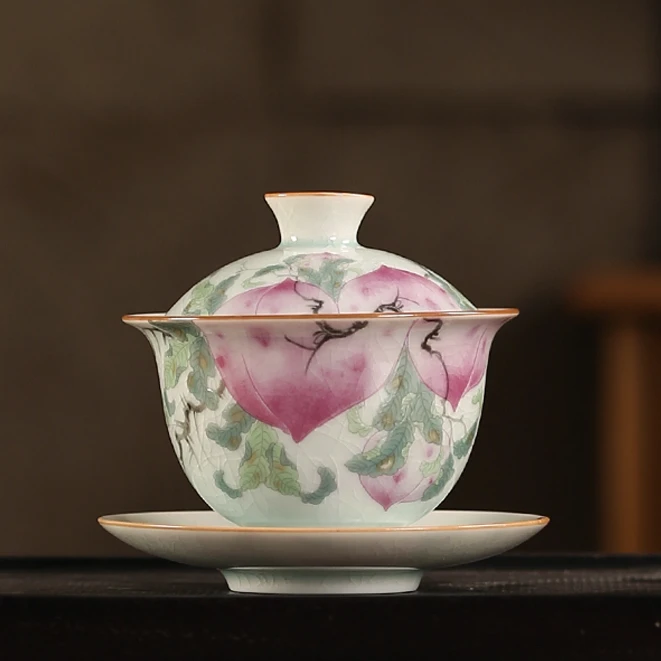 吾游茶器玉清粉青釉桃三才盖碗
