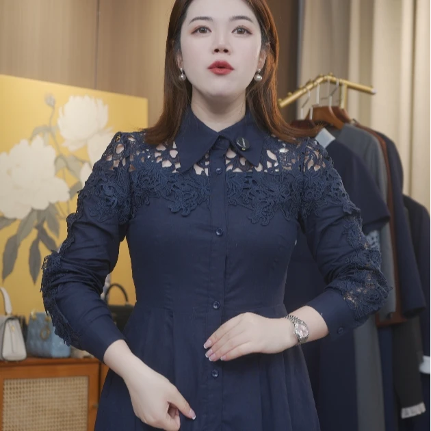 高定轻奢蕾丝拼接亚麻连衣裙2025春夏新款优雅知性长袖收腰衬衫裙