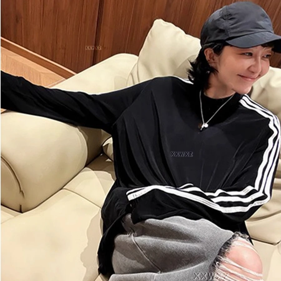 韩国东大门夏季新款小众设计感三条杠圆领长袖T恤女宽松休闲内搭