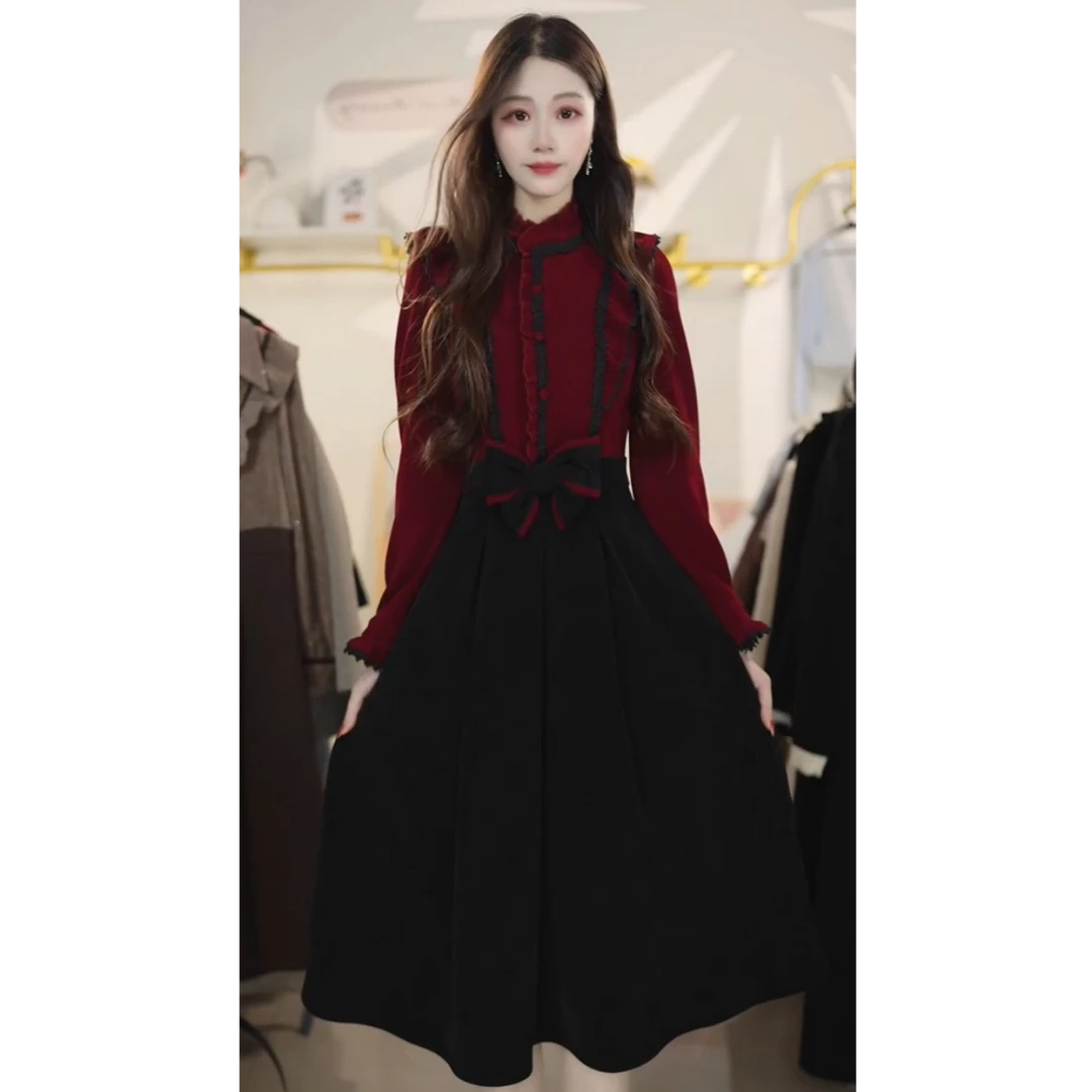 女秋装2025新款连衣裙收腰减龄木耳边a字裙显瘦中长款Y6510232