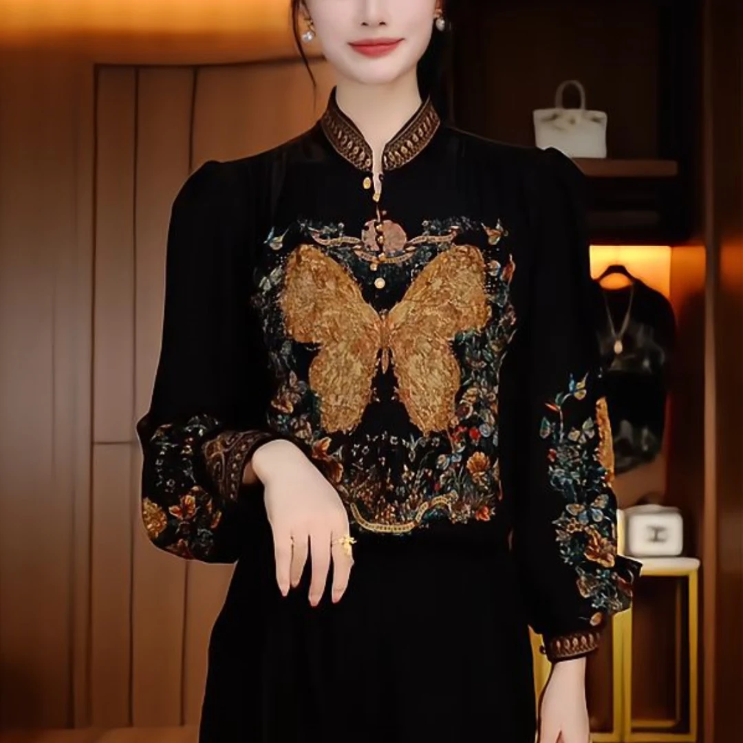 【贵妇装】原创【彩蝶繁花】小衫遮肉百搭圆领优雅感气质印花时尚上衣