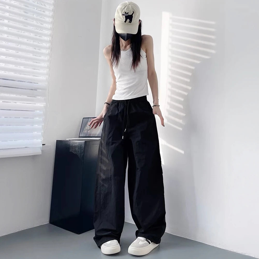白色不透速干裤女夏季轻薄显瘦遮肉阔腿裤胖mm高腰褶皱运动工装裤