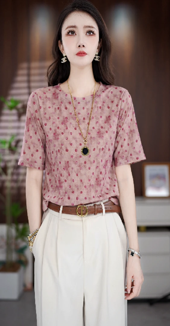 Y193新款时尚百搭气质宽松减龄短袖上衣-格子