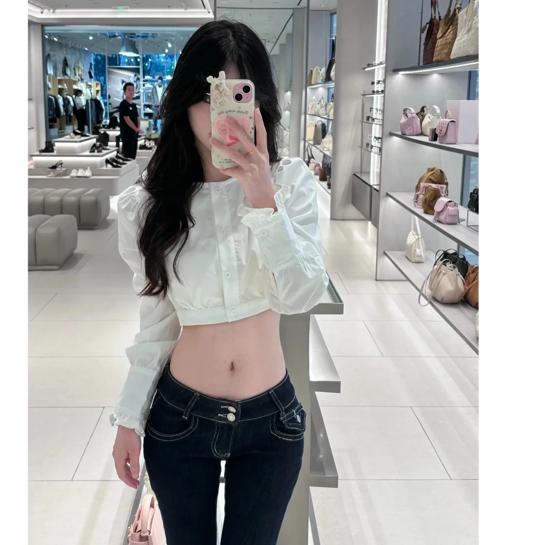 法式纯欲风圆领长袖短款衬衫女秋季新款收腰上衣配休闲裤两件套