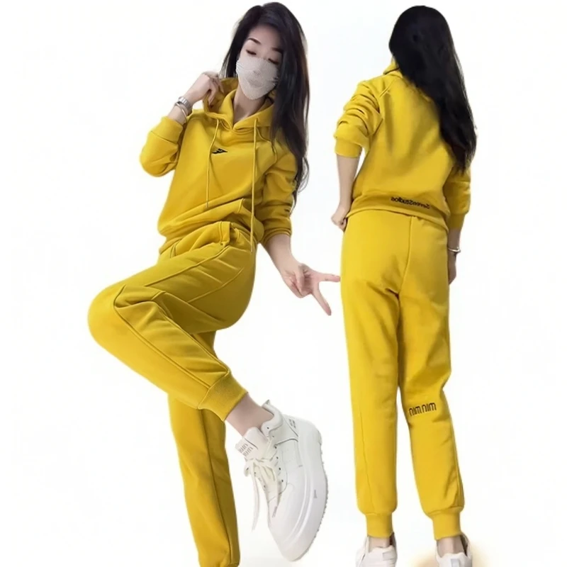 休闲运动套装加绒加厚刺绣连帽减龄时尚洋气冬季女装