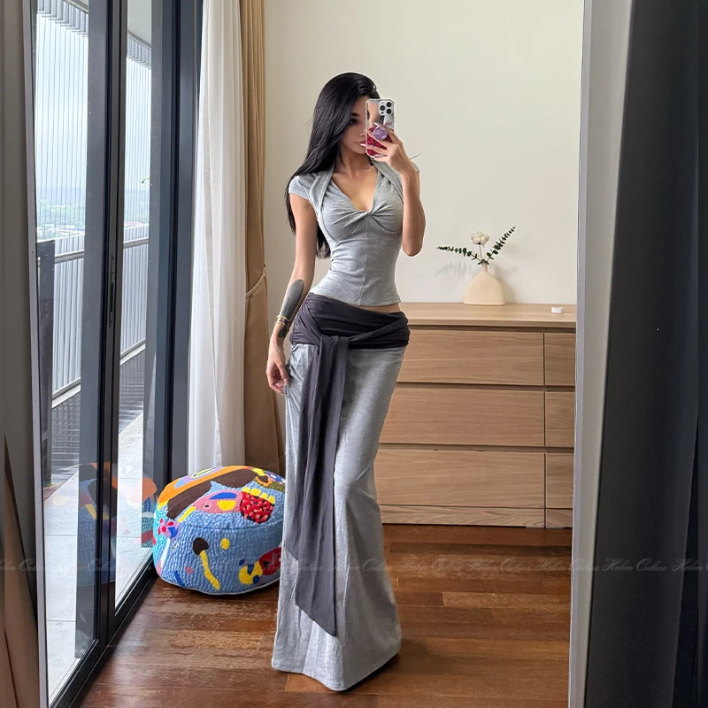 HELEN/纯欲显瘦扭结V领短袖修身显瘦绑带垂感半裙两件套S893,Q565