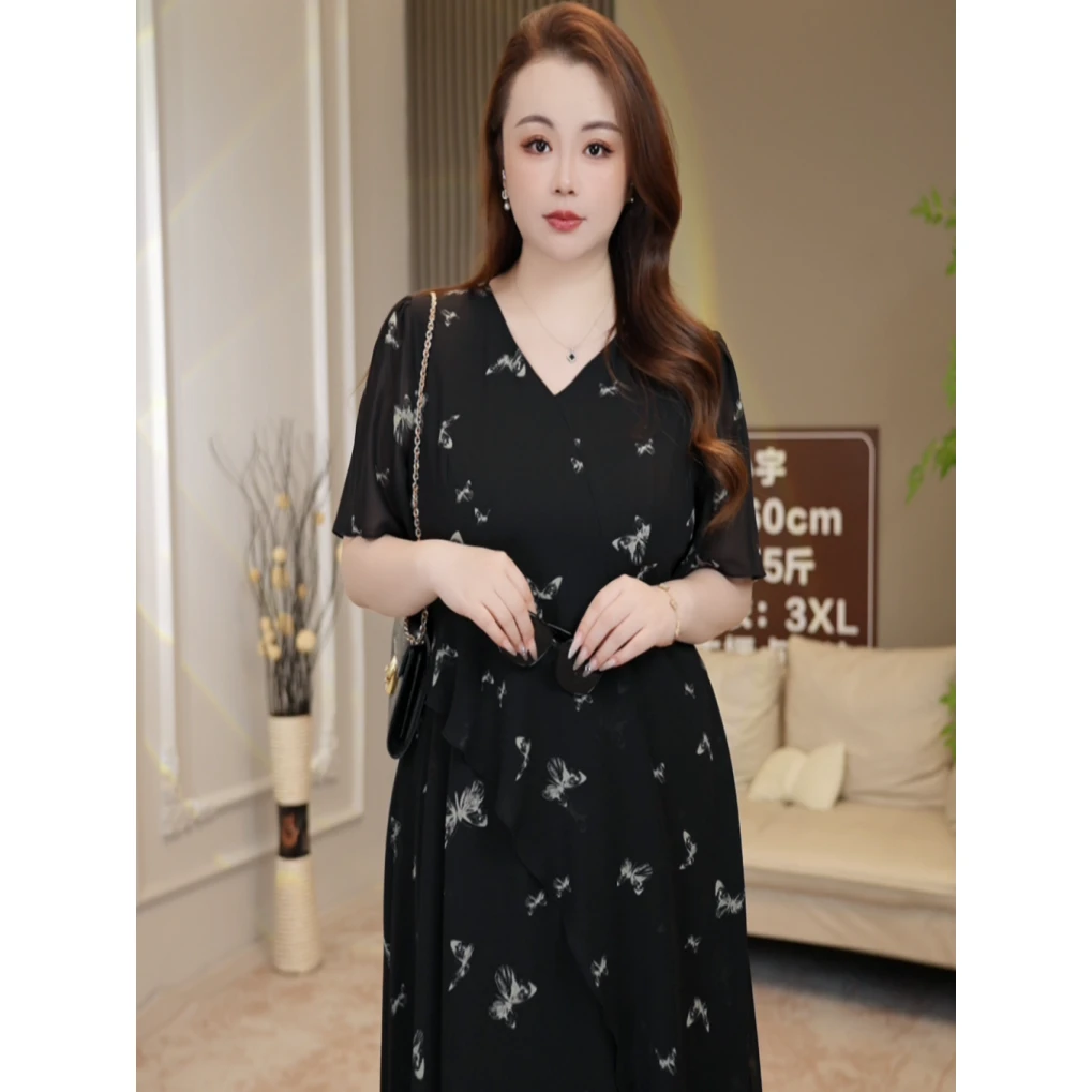 【宇宝】蝴蝶水墨高级气质遮肚子V领连衣裙黑色气质连衣裙