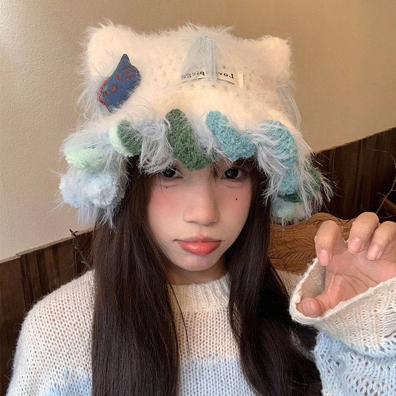 可爱Kitty猫耳朵混彩花边毛绒针织渔夫帽女秋冬显脸小搞怪毛线帽