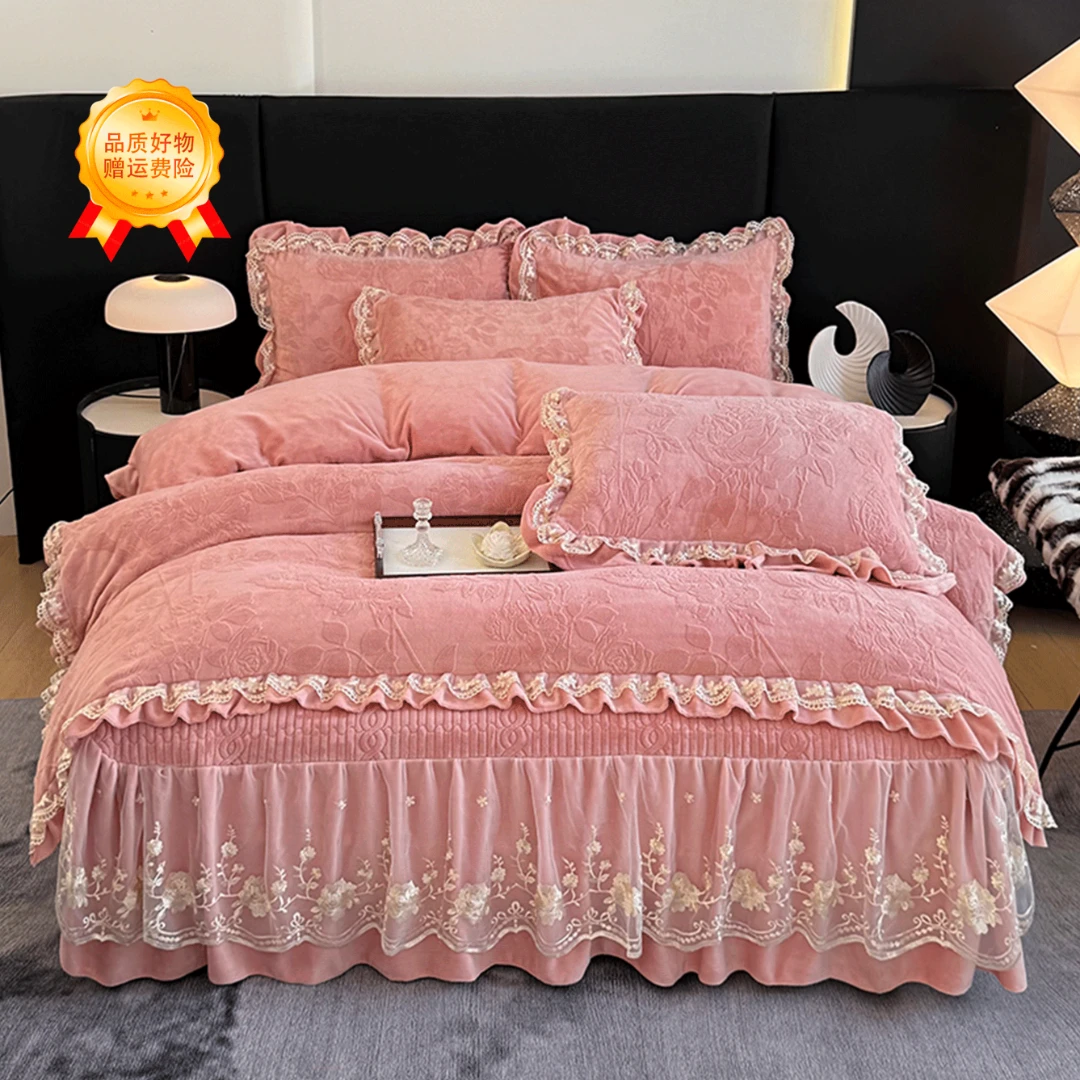 不老的爷爷韩版玫瑰雕花加绒双面绒加厚牛奶绒zb四件套床裙保暖QY