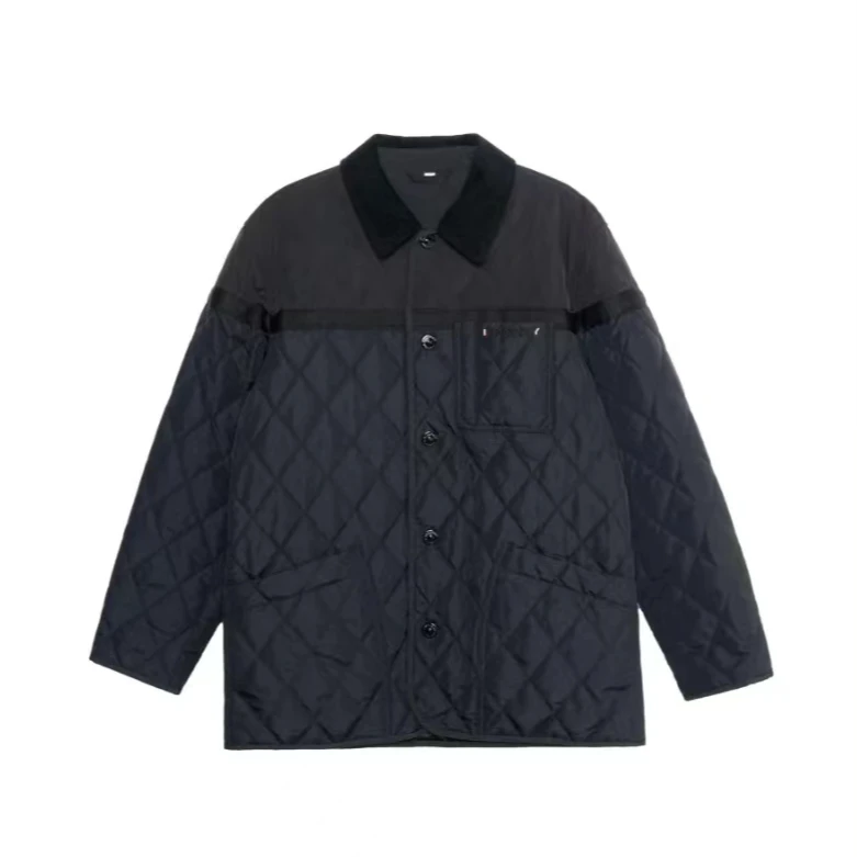 BURBERRY/博柏利纯色菱形绗缝翻领中长款长袖棉服 黑色男款S码