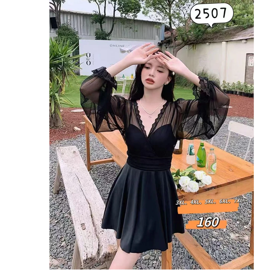 D2507大码连体裙式泳衣女长袖保守显瘦遮肚胖mm温泉泳装