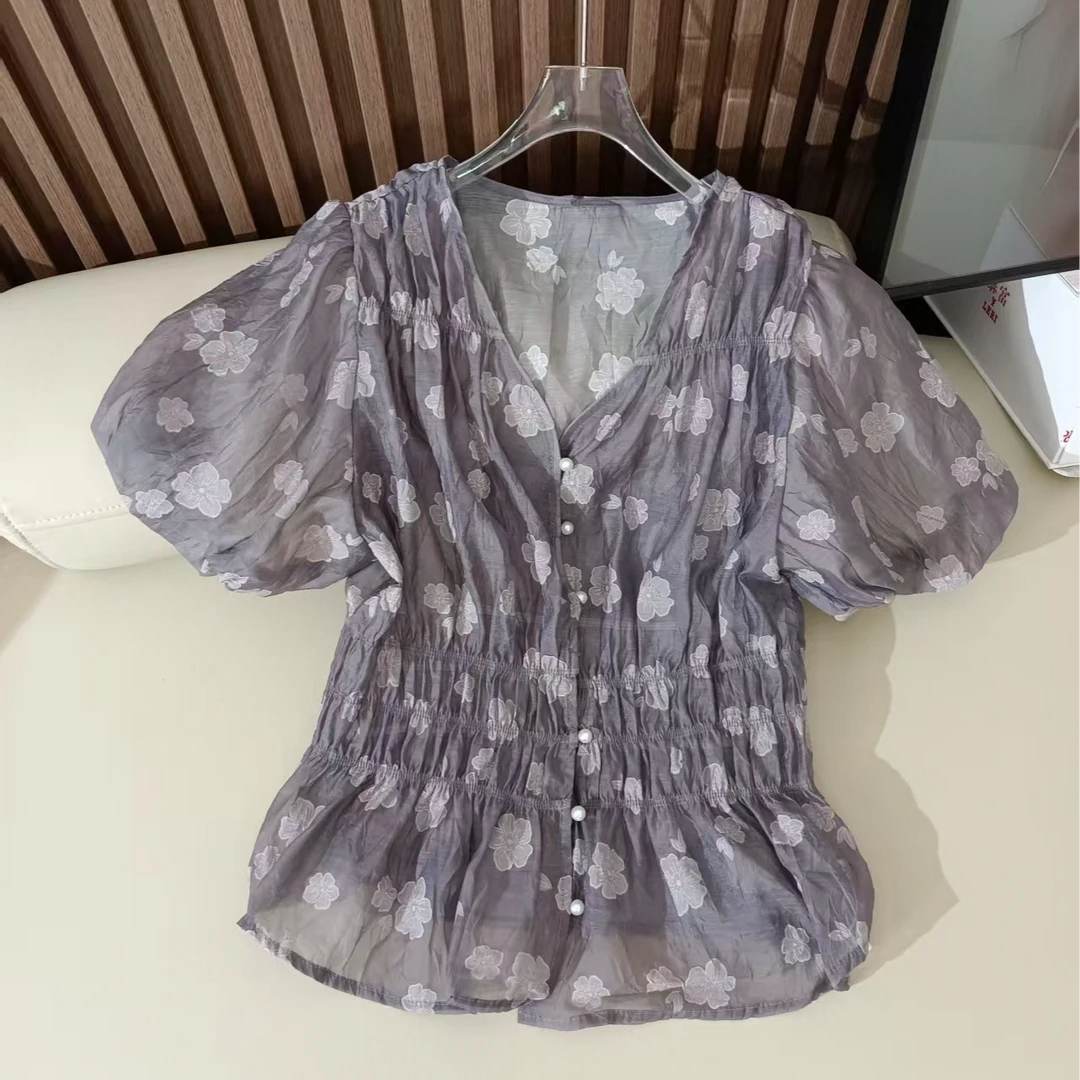 甜美风V领花朵印花衬衫通勤百搭显瘦气质小衫9901