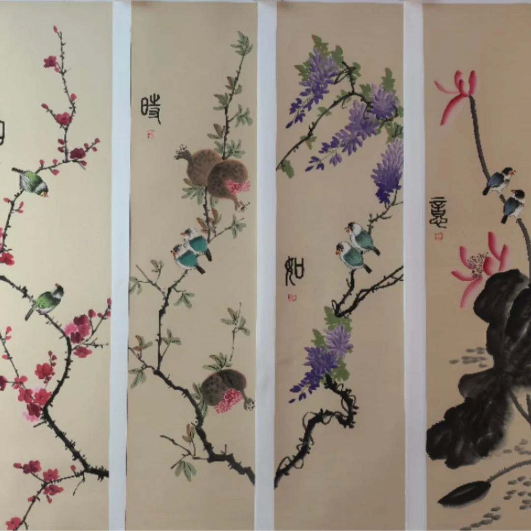 温叶强《花鸟四条屏》手绘宣纸