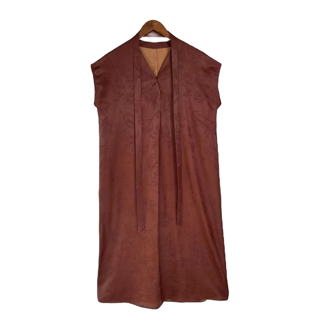 【婉柠】复古百搭宽松真丝提花无袖连衣裙时尚新中式国风2330647