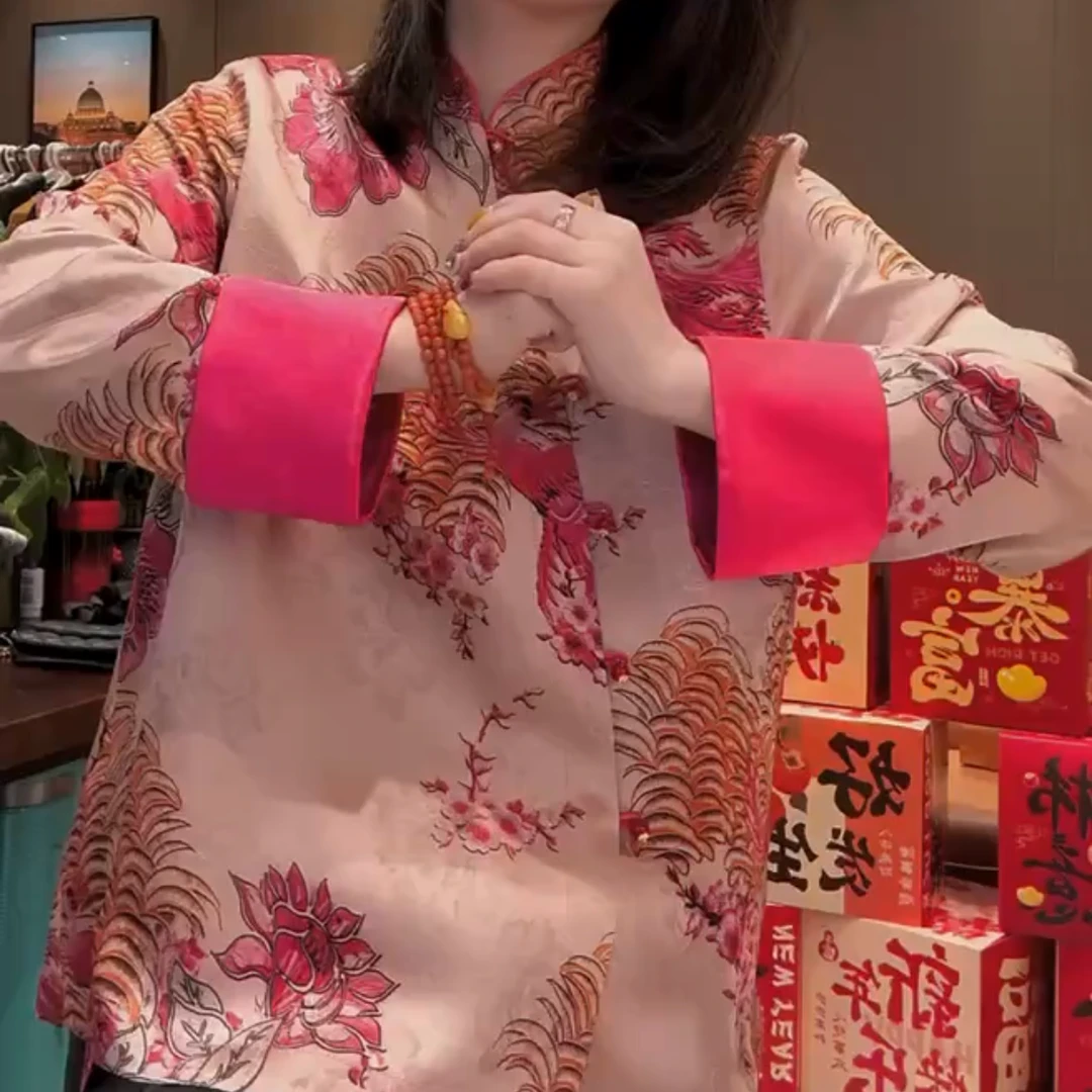 早春新款时尚衬衫新中式国风复古长袖打底衫民族风网红印花上衣女