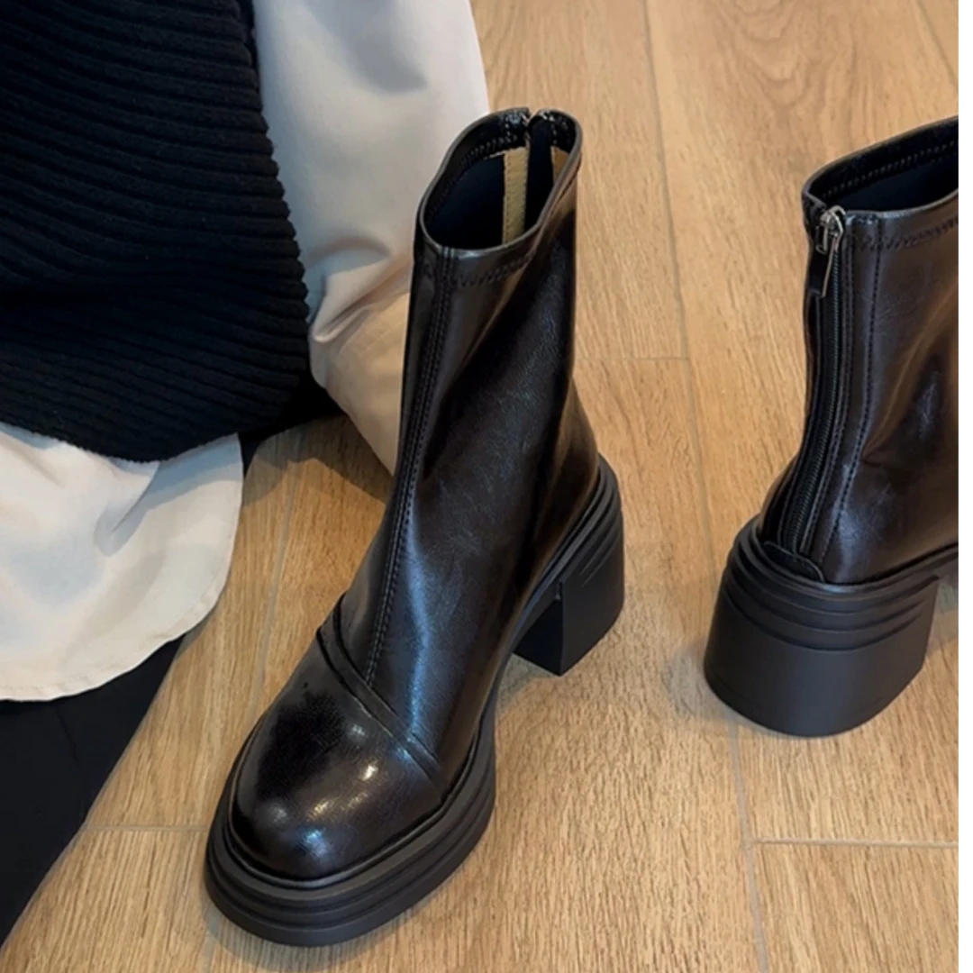 羊皮版~真皮厚底增高小个子高跟短靴女圆头加绒秋冬瘦瘦靴马丁靴