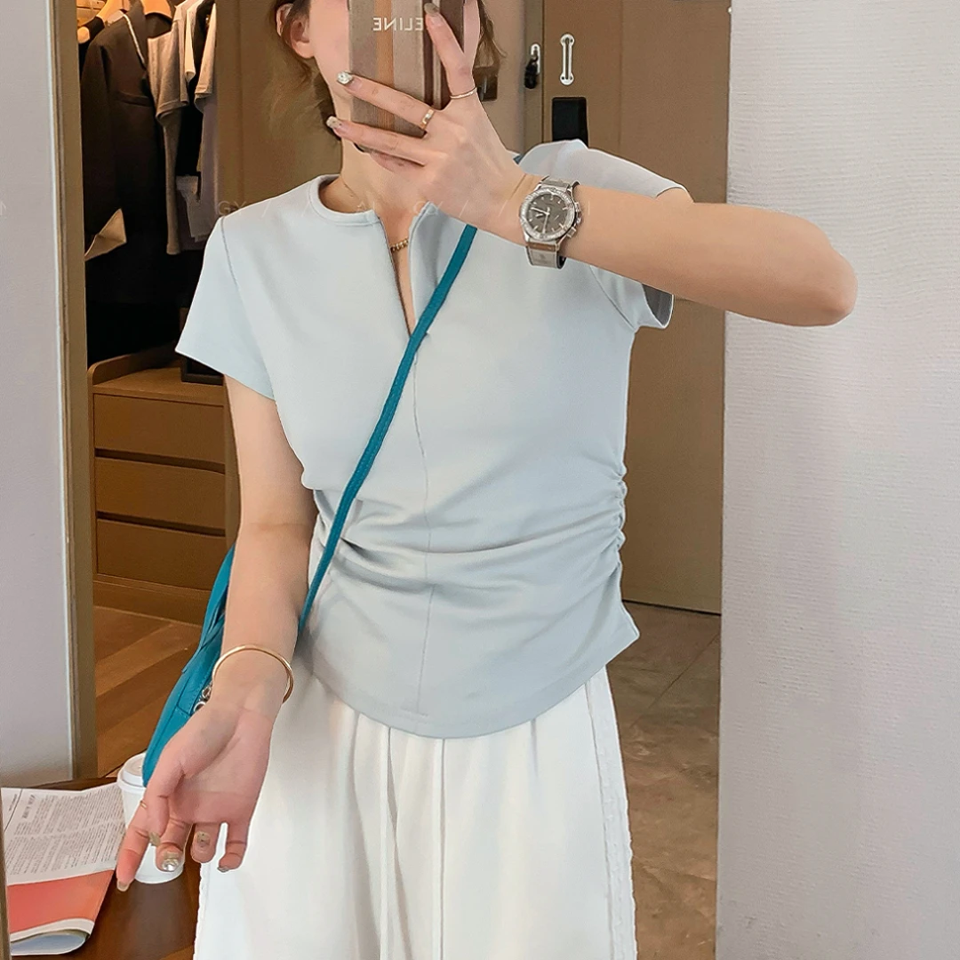 欧货设计感短款短袖纯色简约T恤女2025夏季新款宽松显瘦百搭上衣