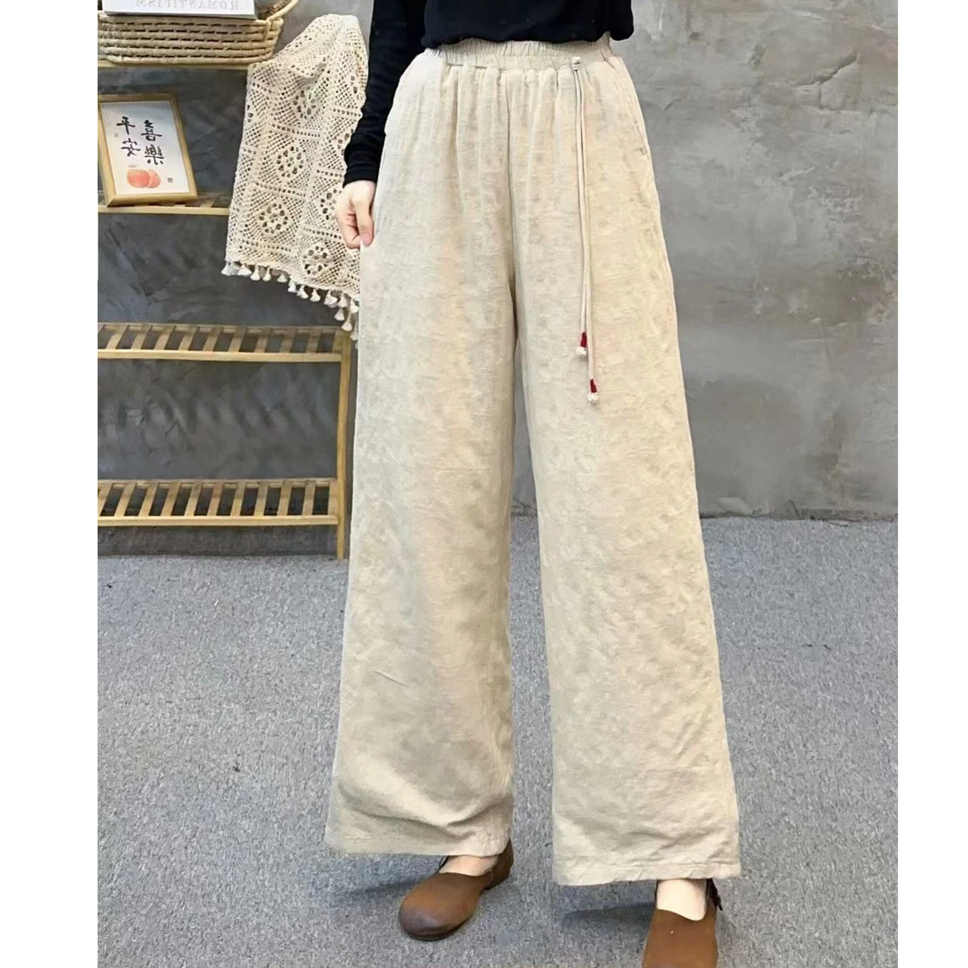 国风新中式冬装暗纹提花棉麻加厚夹棉松紧腰休闲阔腿裤直筒裤棉裤