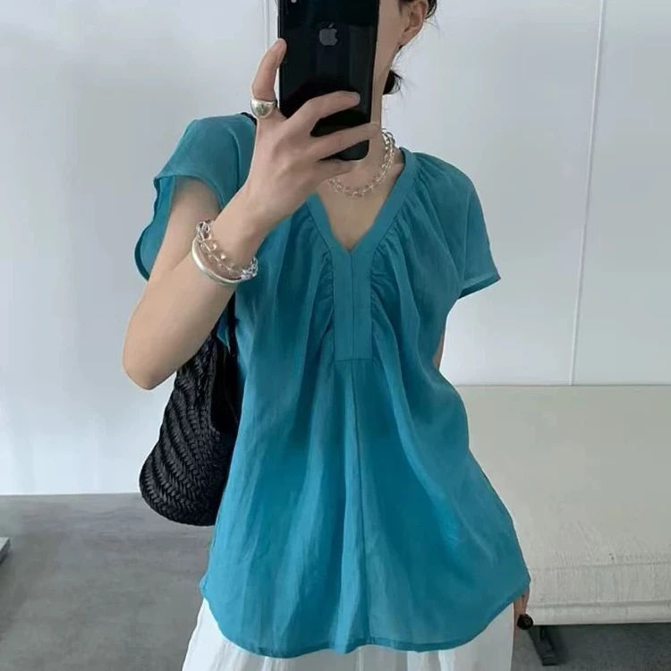 韩系夏季飞飞袖衬衣 新款设计感显瘦V领宽松衬衫女小衫上衣