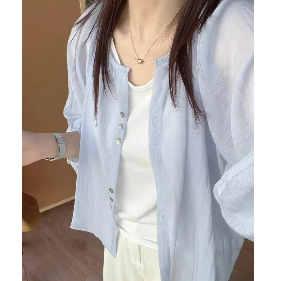 夏季新款蓝色慵懒风防晒衬衫女装小个子外搭开衫上衣薄款长袖罩衫