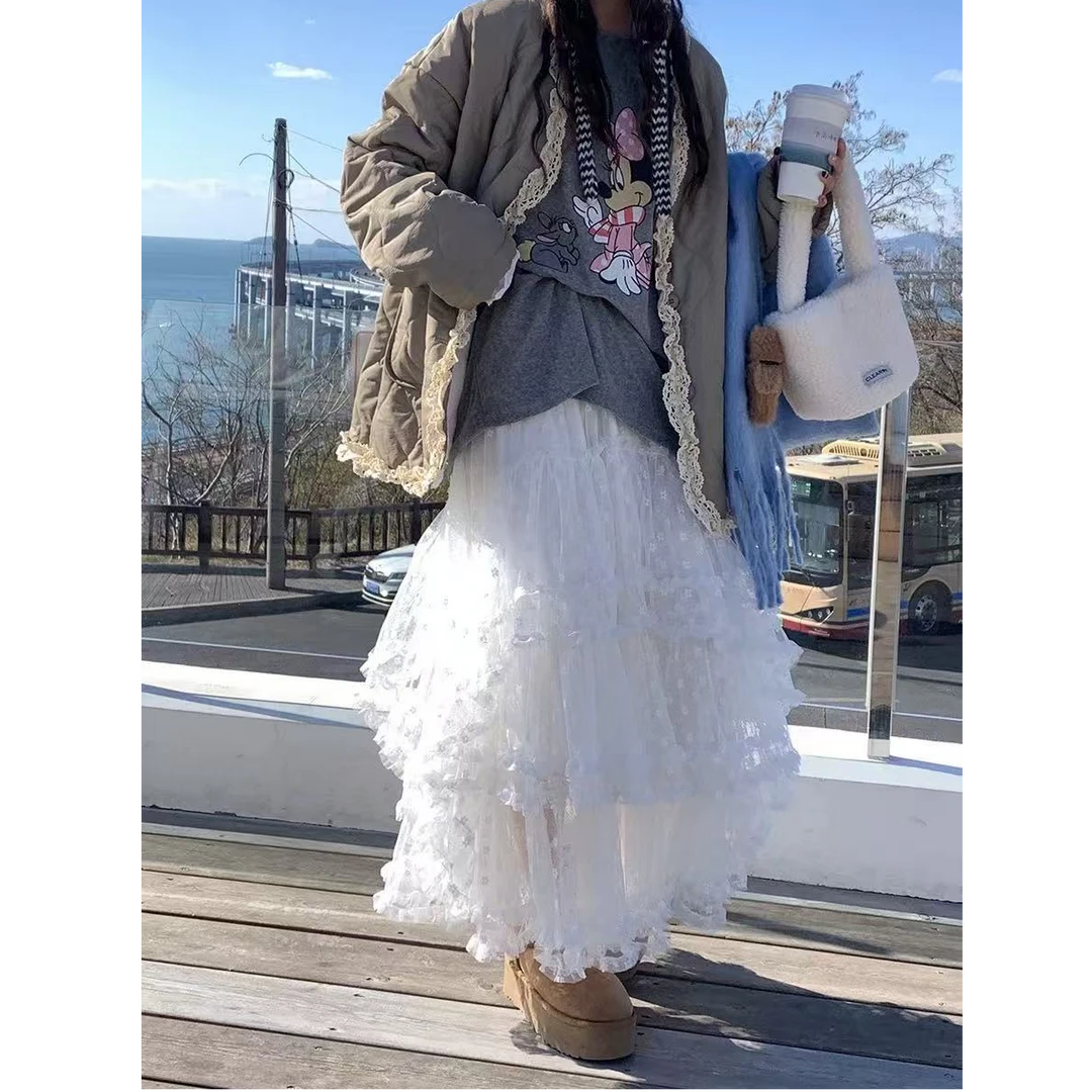 Q011法式重工蕾丝半身裙女春季2025新款高腰仙女蓬蓬蛋糕长裙子