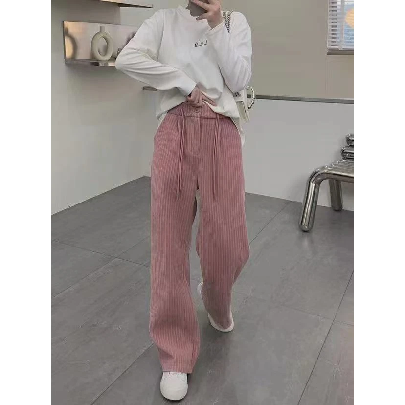 冬季新款华夫格加绒加厚时尚百搭半松紧抽绳休闲直筒休闲裤