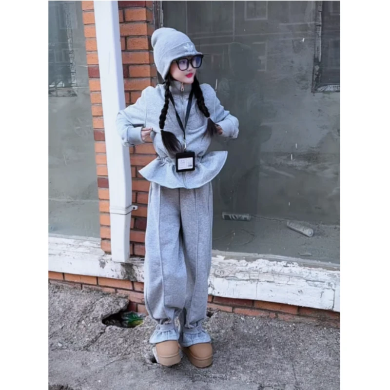 女童2025春季新款慵懒风开衫立领收腰蓬蓬下摆设计感运动休闲套装