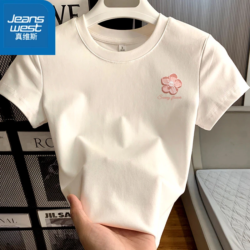 真维斯2025新款正肩短袖T恤女印花百搭减龄修身显瘦休闲圆领弹力