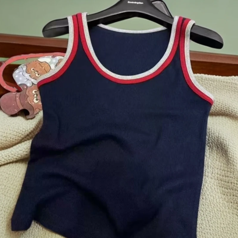 欧货夏季T恤女2025时尚拼色U领吊带背心女弹力修身显瘦打底衫上衣