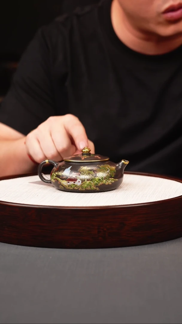 茶壶紫砂石黄珐琅彩山水寒江