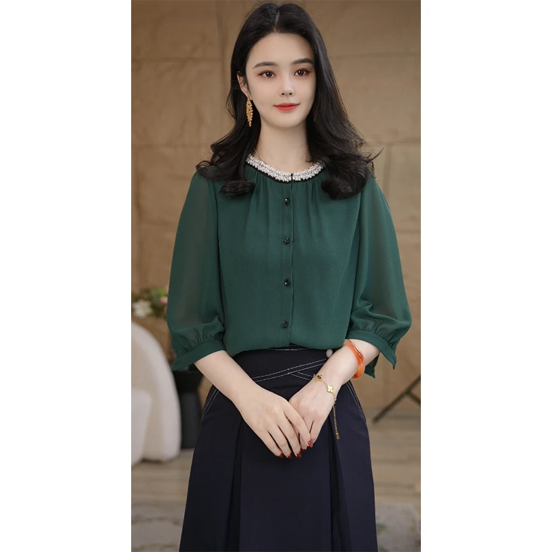 【杨杨专属】欧若风8592414祖母绿衬衫女七分袖气质时尚小众法式