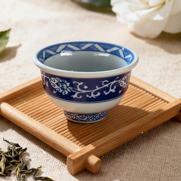 「金樽柴窑」青花新款缠枝莲压手主人杯景德镇全手工手绘茶杯主人杯