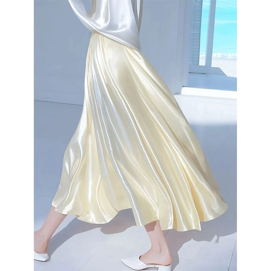 美爆了！墙裂推荐！高腰显瘦垂感裙子气质高级感淡黄色缎面半身裙女
