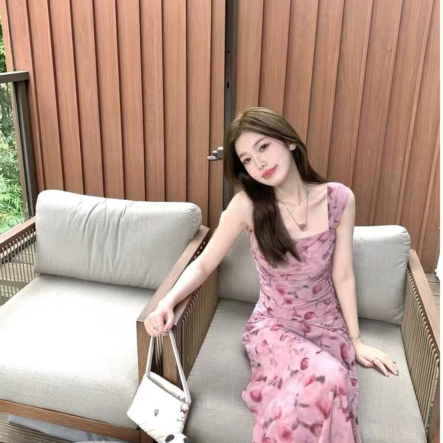 【YY】】纱粉色显瘦吊带裙2025夏季新款碎花连衣裙女长款收腰裙子