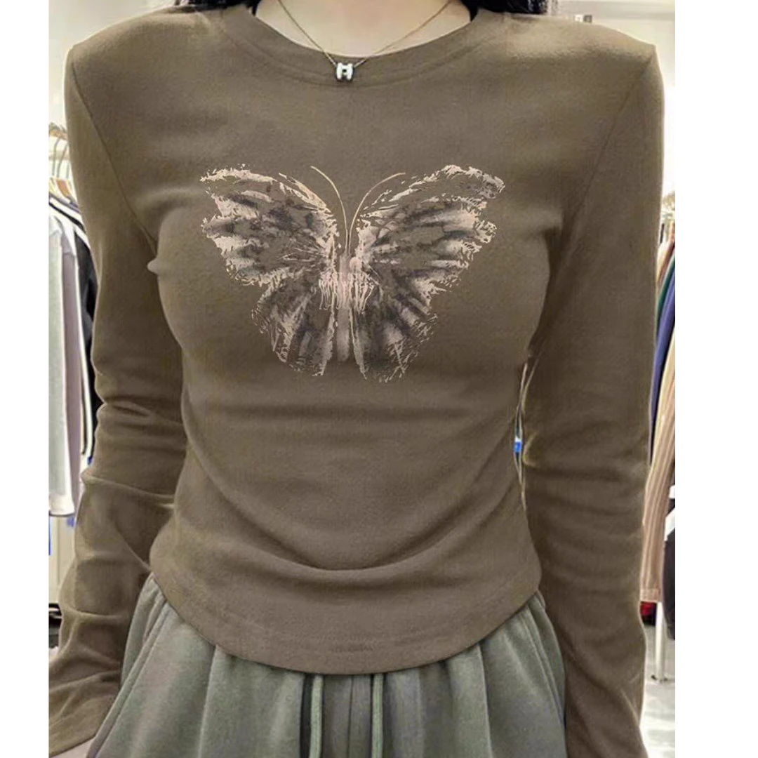 以直播间实物为准8963款美式蝴蝶花正肩长袖t恤收腰显瘦上衣