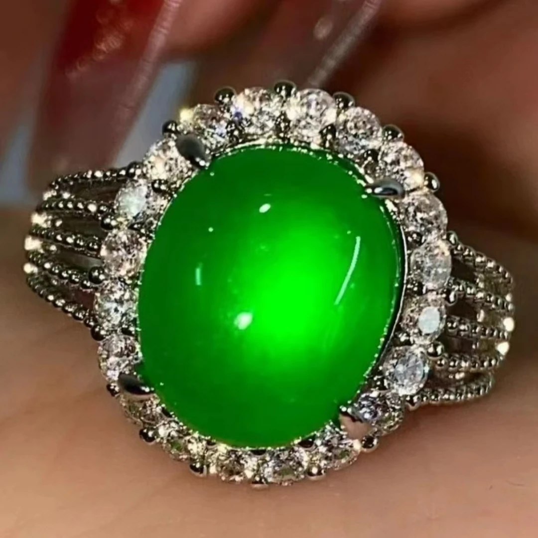 绿色蛋形简约开口戒指ins